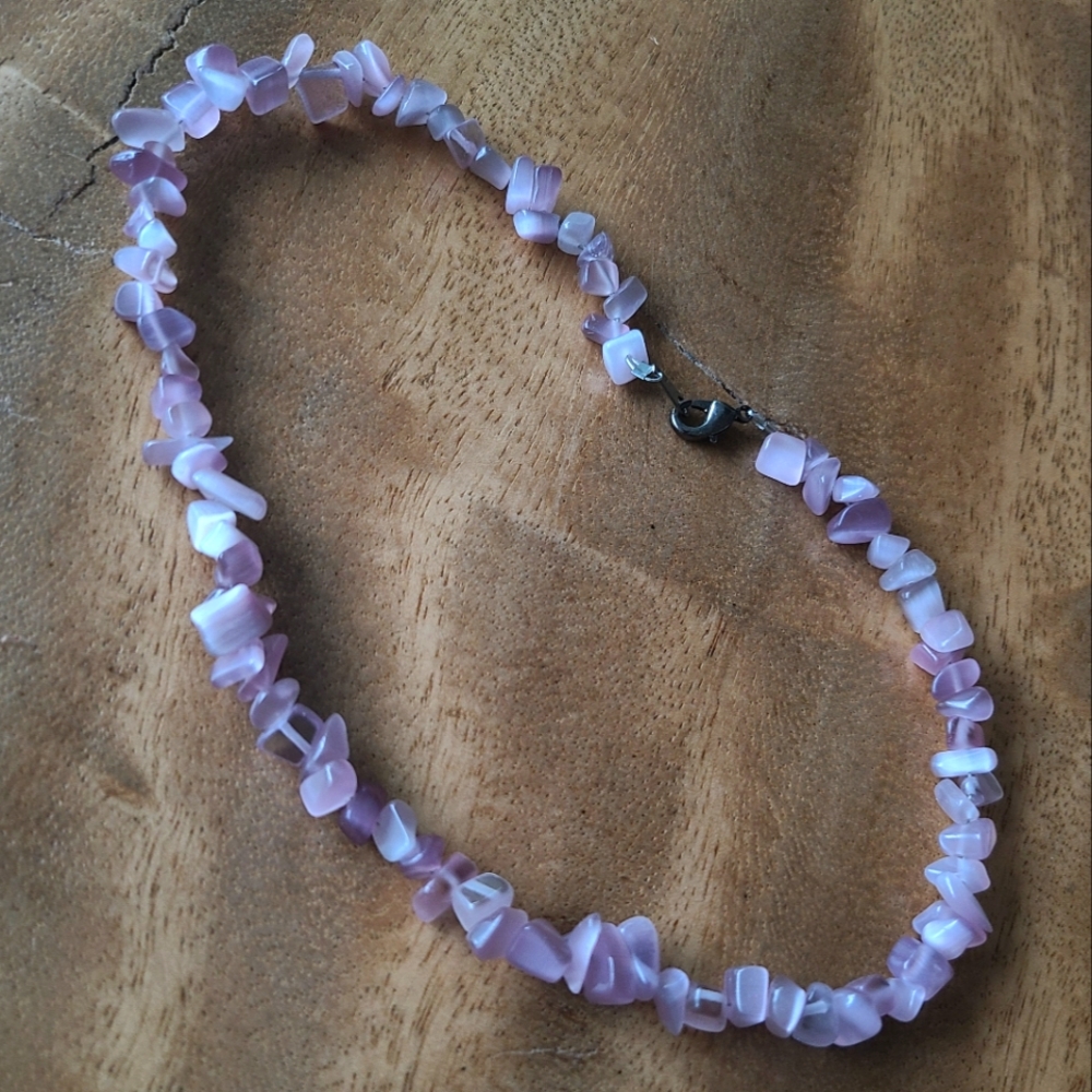 Elegant Pink Beaded Necklace 14.5" Choker Cateye Purple Boho